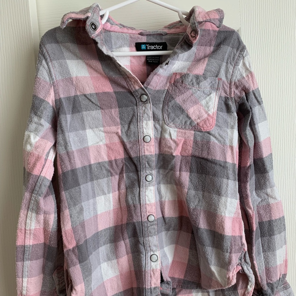 Tractor pink & gray plaid shirt. Size 7/8 girls
